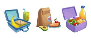 two lunchboxes and a sack lunch with food