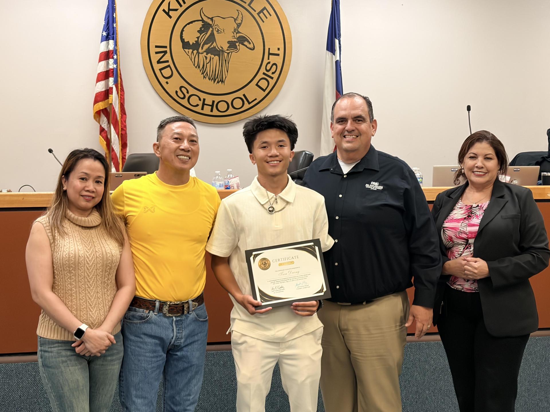 Student Tien Duong recognized by School Board