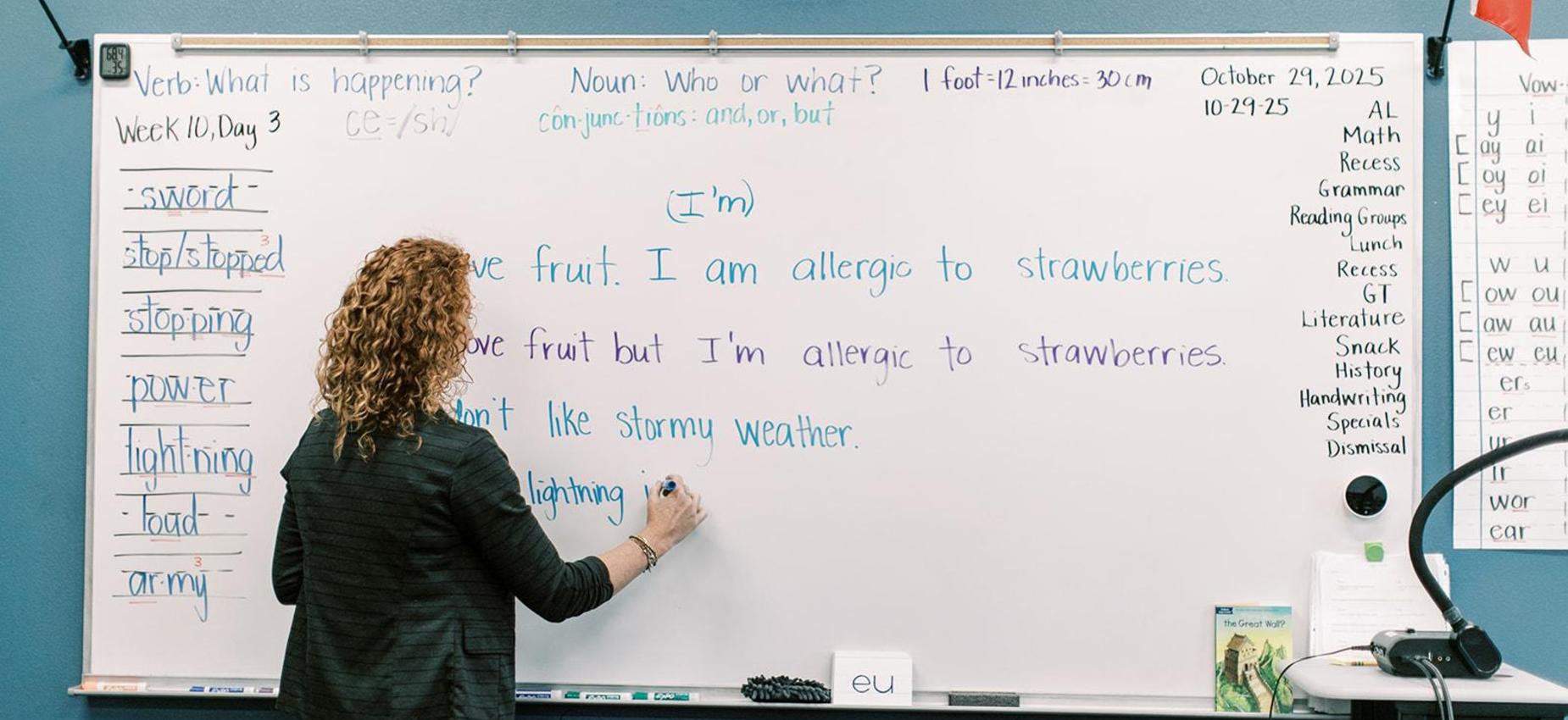 Teacher writes sentences on the whiteboard