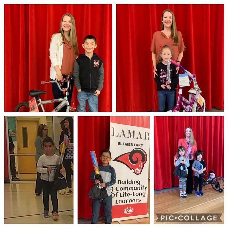 picture collage of backpack and bike winners with Mrs. Fowler, school principal
