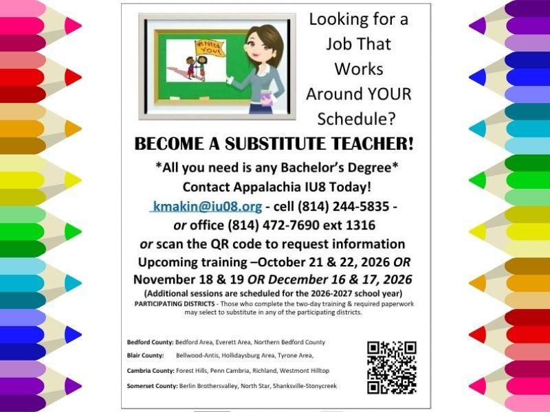 Job advertisement for a substitute teacher with contact details and training dates.