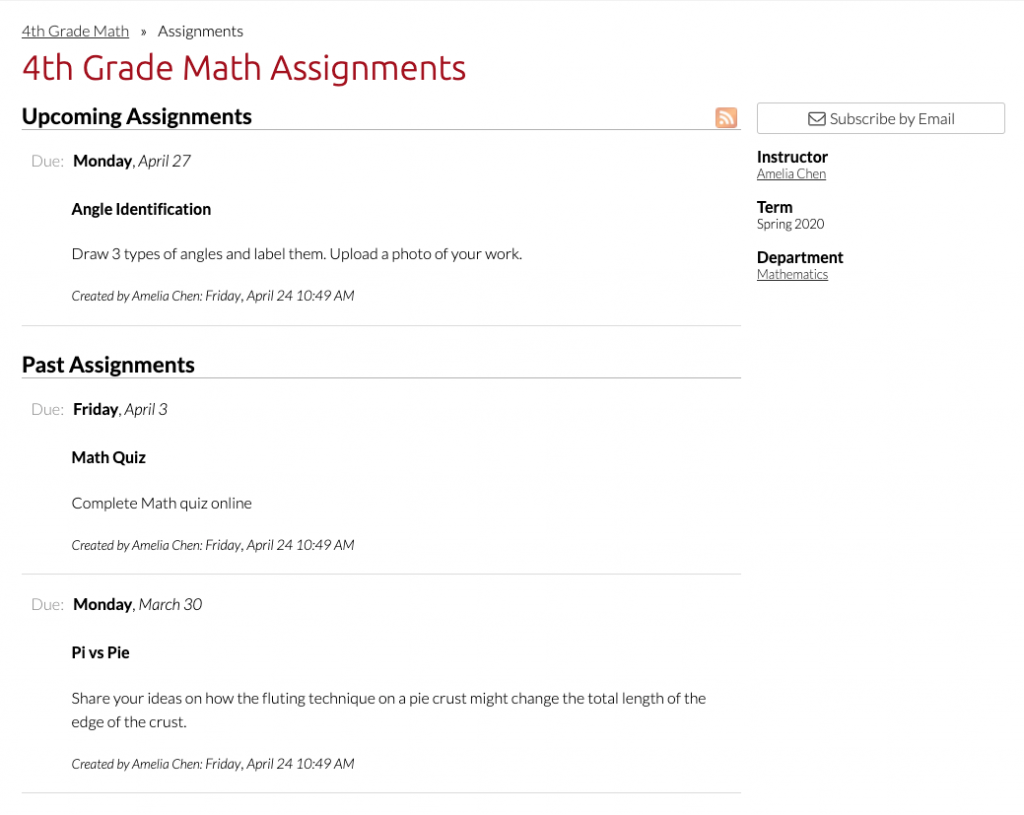 assignments page on website