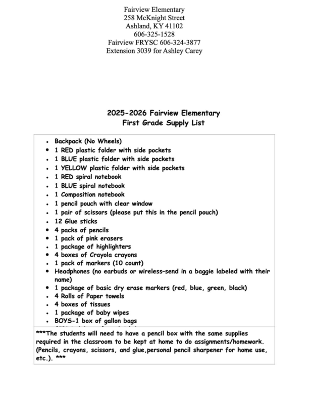 First Grade Supply List