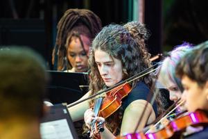 A violinist plays in the orchestra