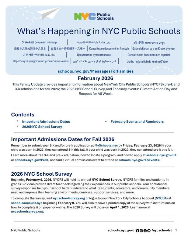Message to Our Families. Latest updates in NYC Public Schools. Feb 2026. English