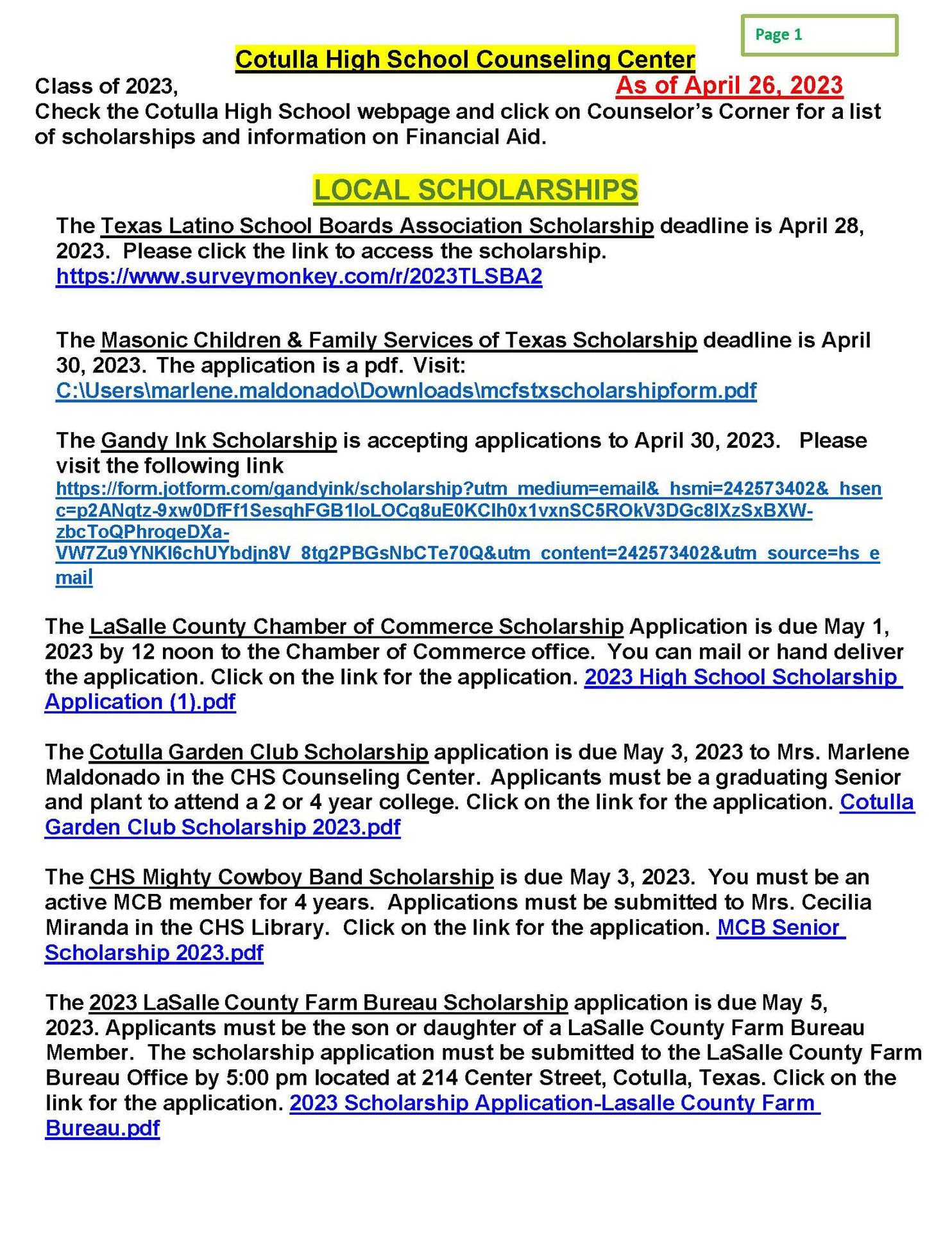 Scholarship Information – Counselor's Corner – Cotulla High School