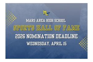 a blue background with gold dotted arrows and the words 2026 Sports Hall of Fame Nomination Deadline