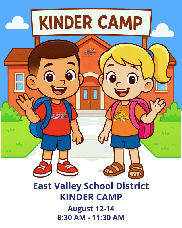 Two cartoon kinder students standing in front of a school, ready for Kinder Camp