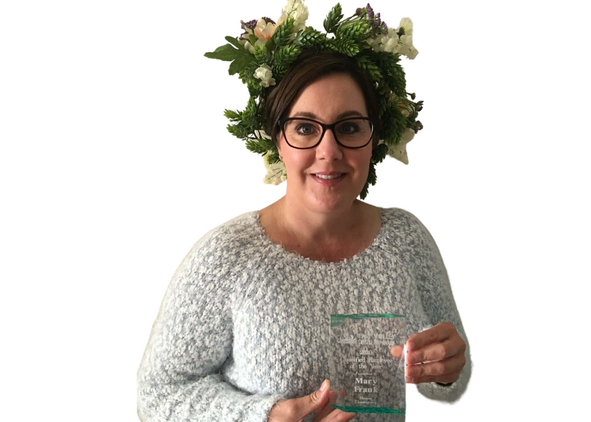Mary Frank wearing hop crown and holding hop plaque.