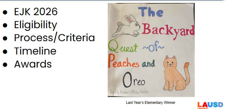 A page from a google slide with the agenda of the zoom and a photo of a the cover of a student written book