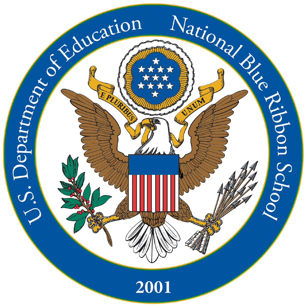 2001 National Blue Ribbon School seal, featuring a bald eagle holding arrows and an olive branch.