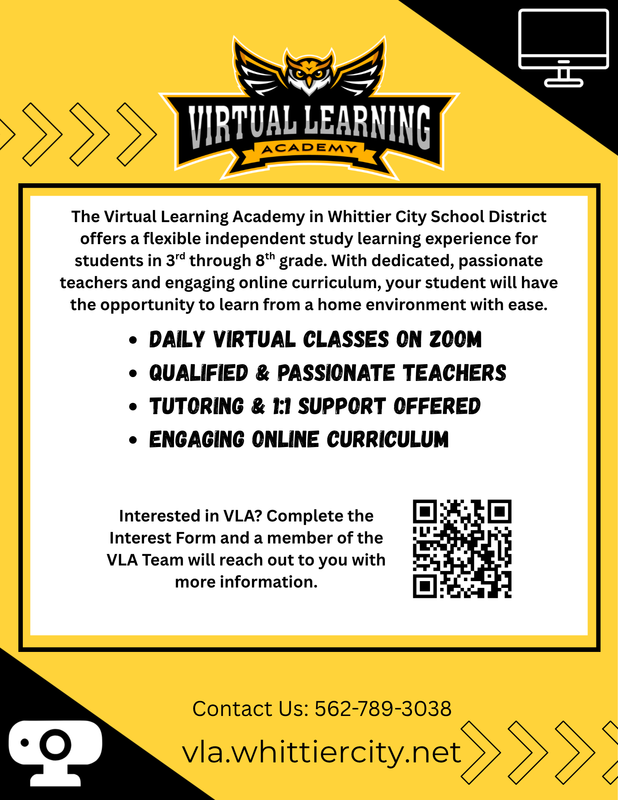 Promotional flyer for Virtual Learning Academy with classes, tutoring, and contact info.