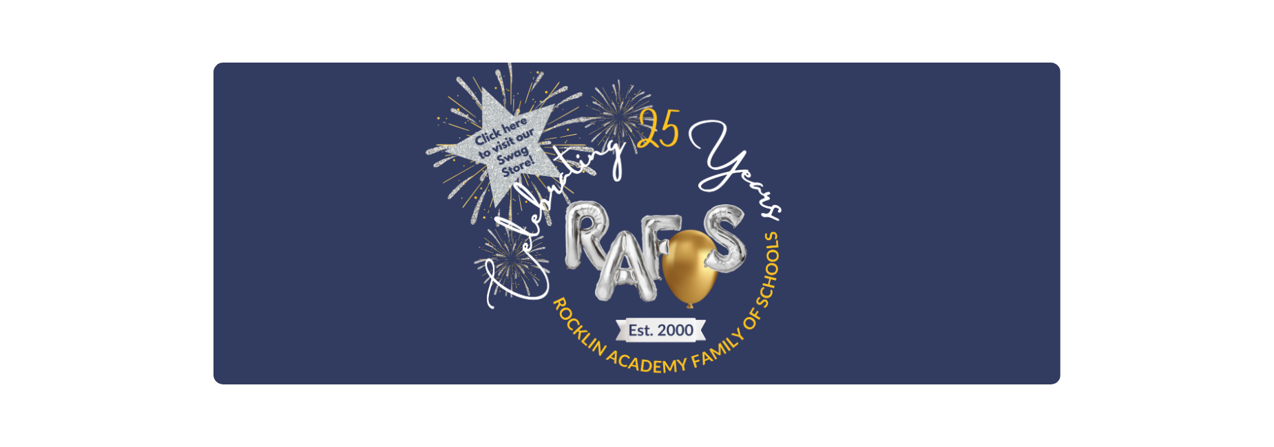 shooting star with swag store link. blue background. Silver RAFOS balloons celebrating 25 years