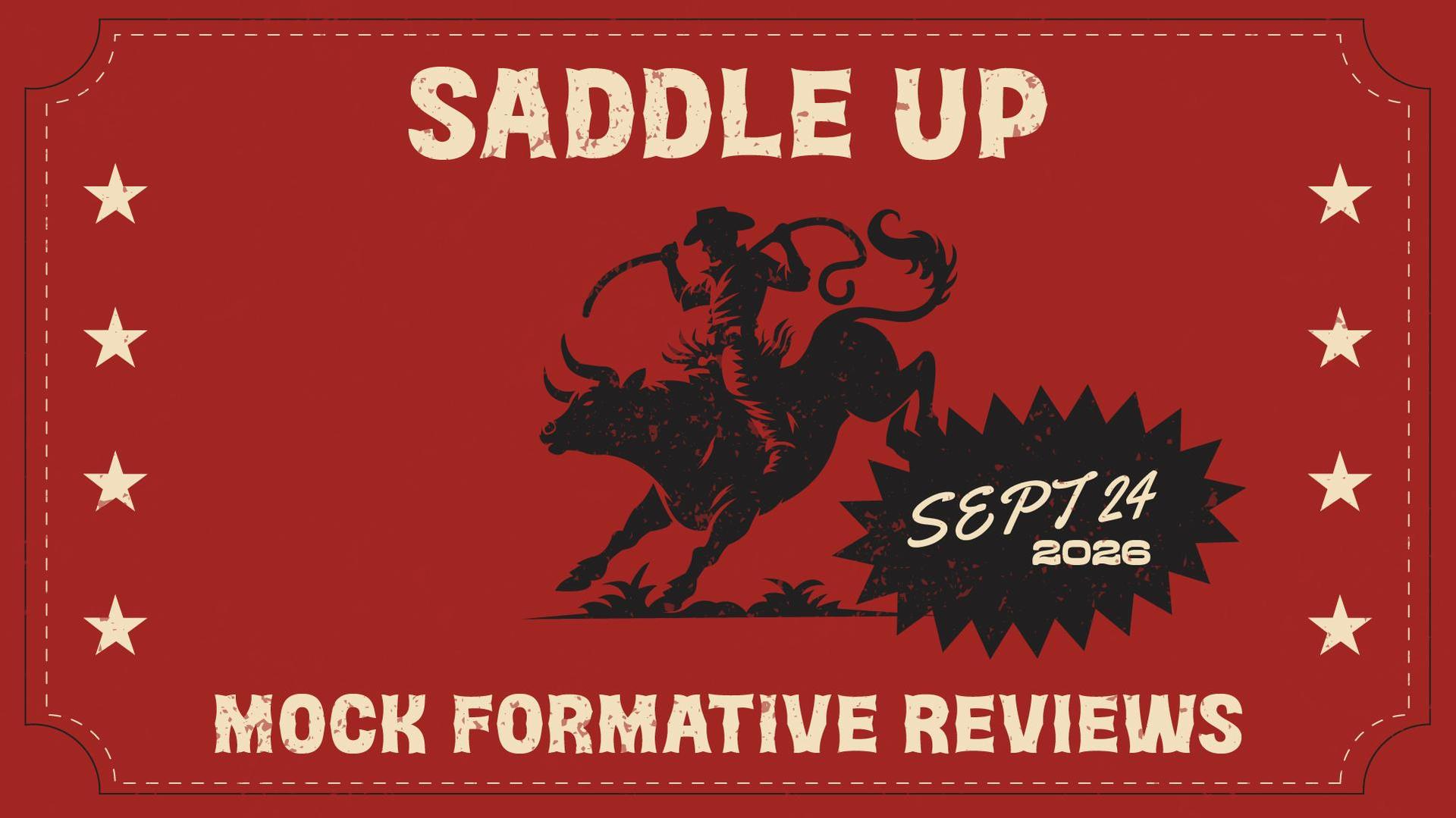 Saddle Up: Mock Formative Reviews workshop graphic for September 24, 2026.