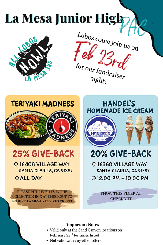 Flyer to show at Teriyaki Madness & Handel's Ice Cream