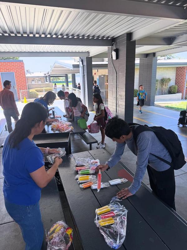staff is selling popsicles on a really hot california day, students are lined up with cash at hand
