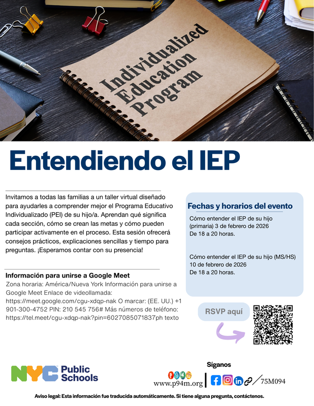 Spanish- Text with QR Code and document of IEP