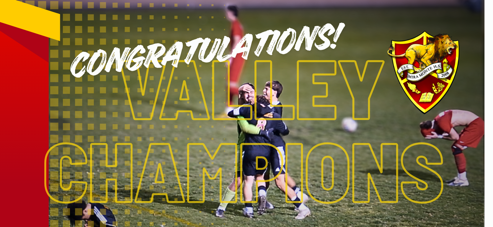 Two players celebrating a victory with a backdrop of text congratulating them.