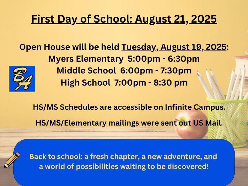 Announcement for the first day of school with details about the open house.