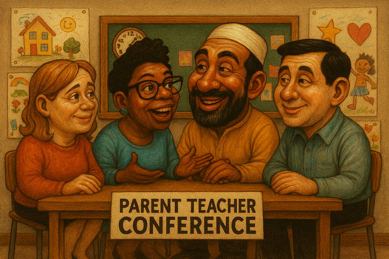 Four adults speaking around a small desk, with a banner hanging that says Parent Teacher Conference