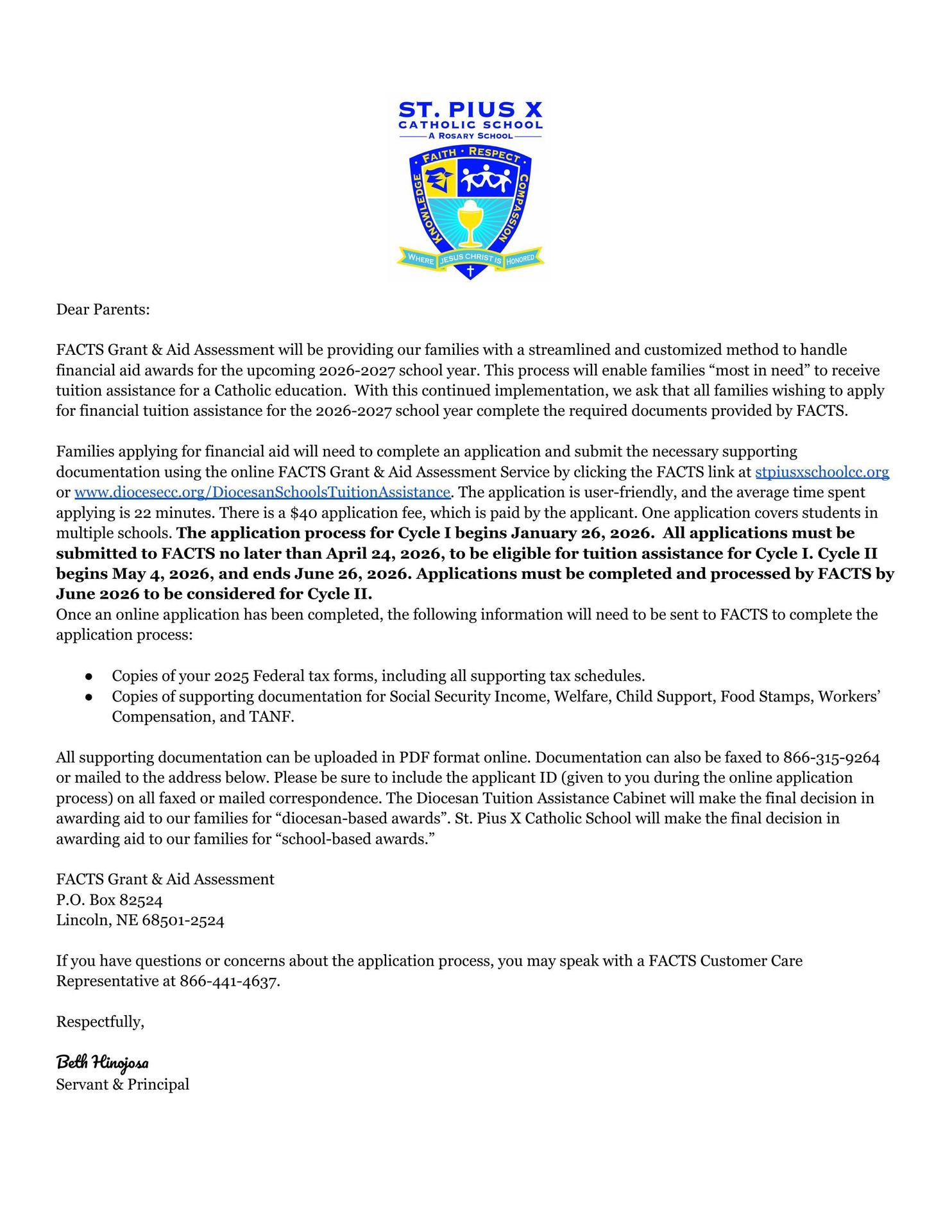 Grant & Aid Letter from Diocese