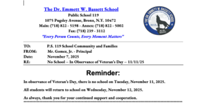 No School Veteran's Day Letter 11 11 2025