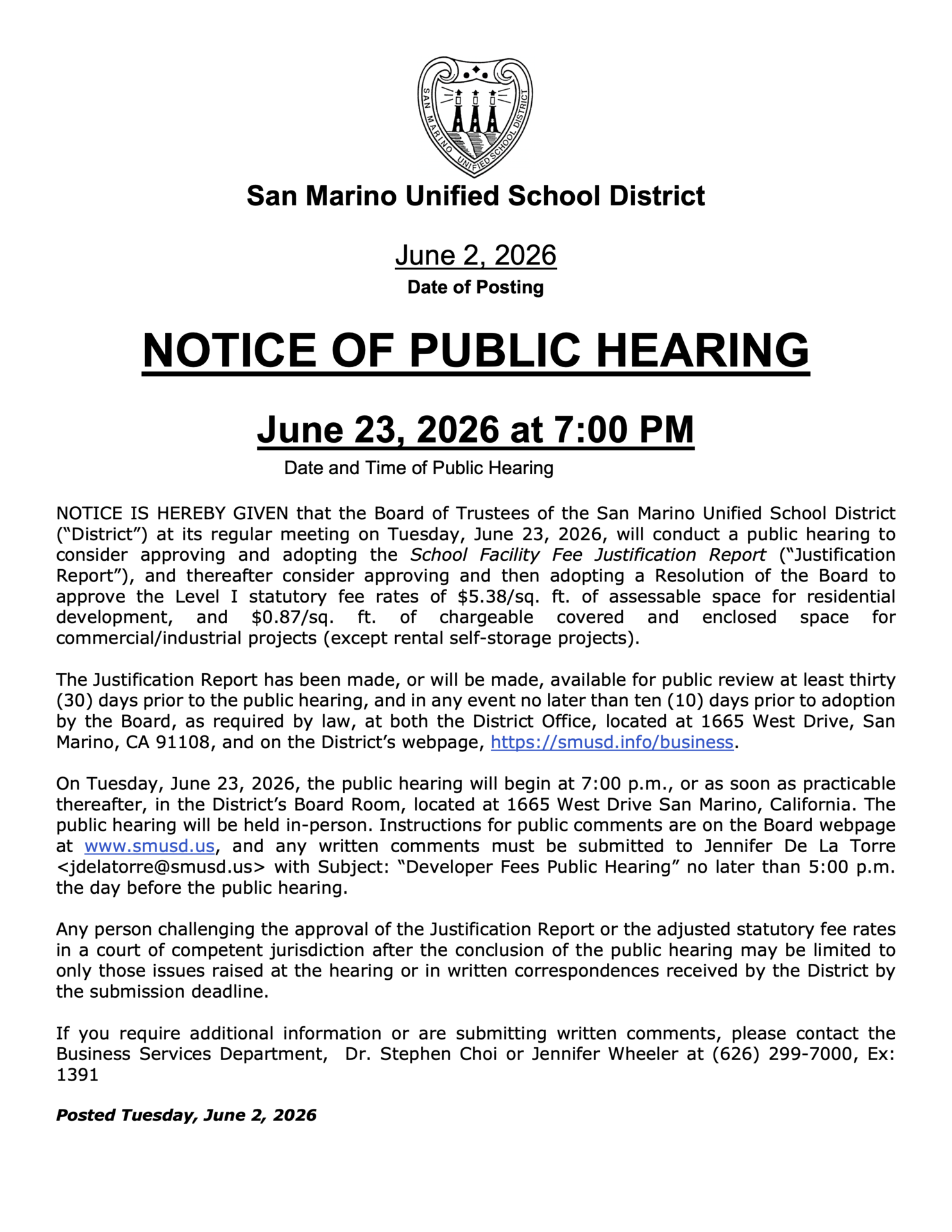 Public Hearing Notice: School Facility Fee Justification Report