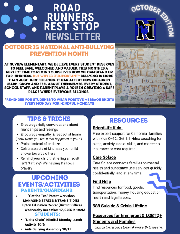 Blue and white flyer with blue and white circles in the top left corner.
