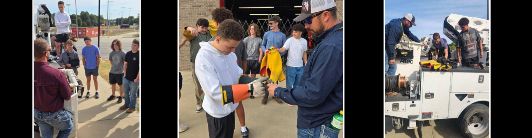 Geoffrey Beck and Rex Coleman from Mayfield Electric & Water Systems brought a bucket truck and gave upper level Electricity students a chance to go hands on with some of their equipment.