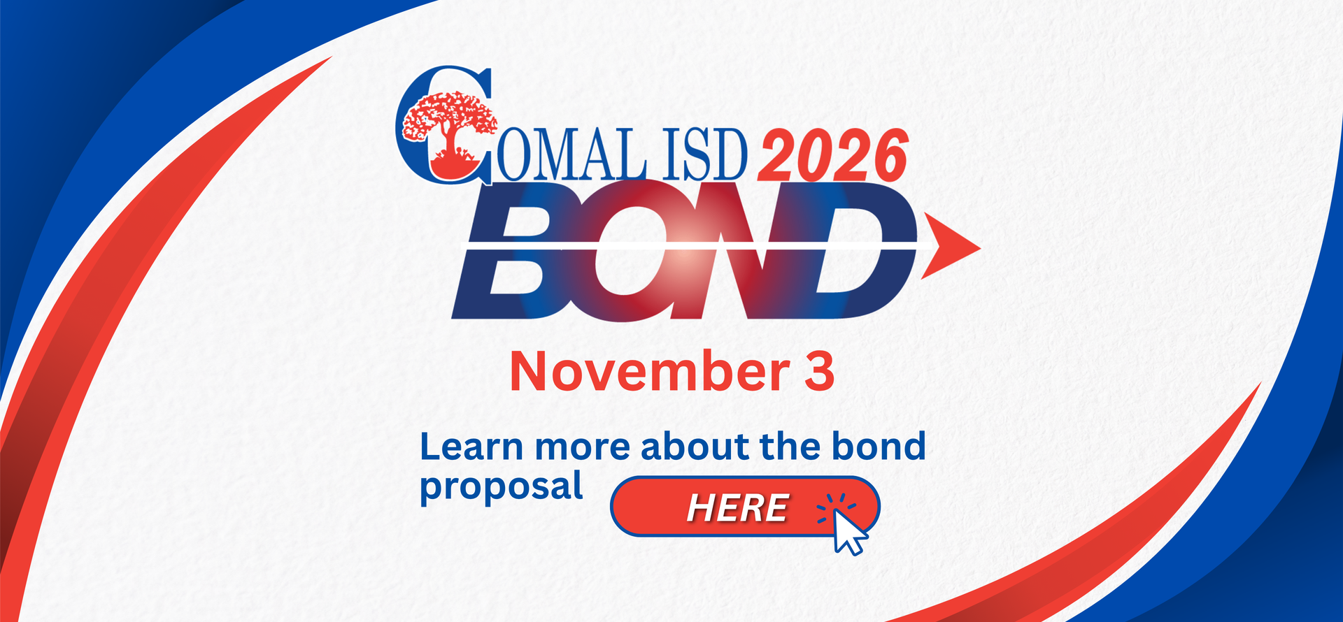 Graphic promoting Comal ISD 2026 bond proposal with details and clickable link.
