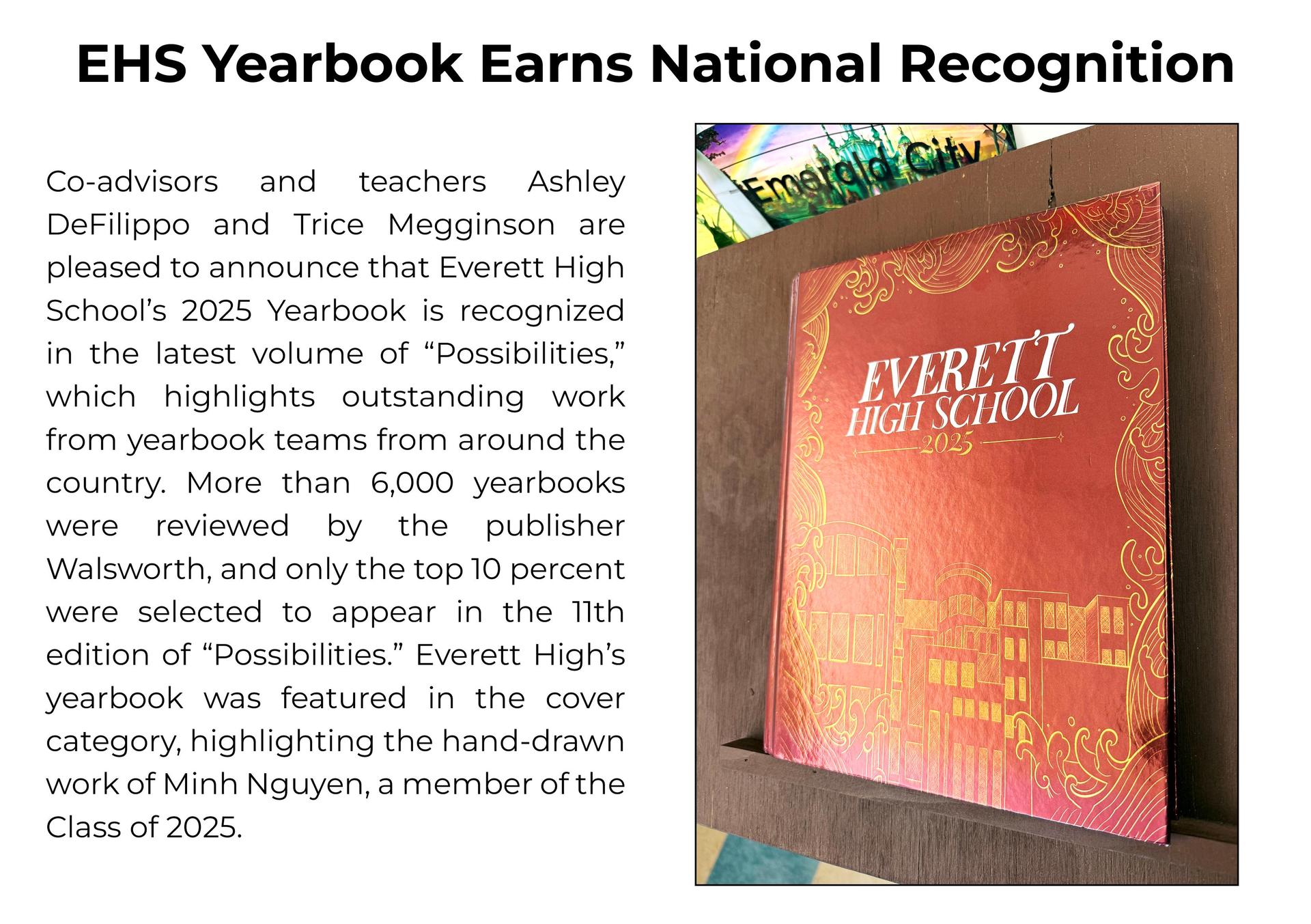 A yearbook cover from Everett High School showcasing its 2025 edition recognition.