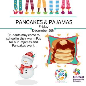 kid legs with pajamas, snowman, pancakes on school event flyer - English