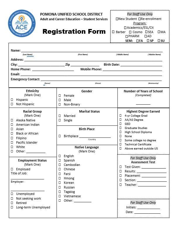 Photo of ACE Registration Form