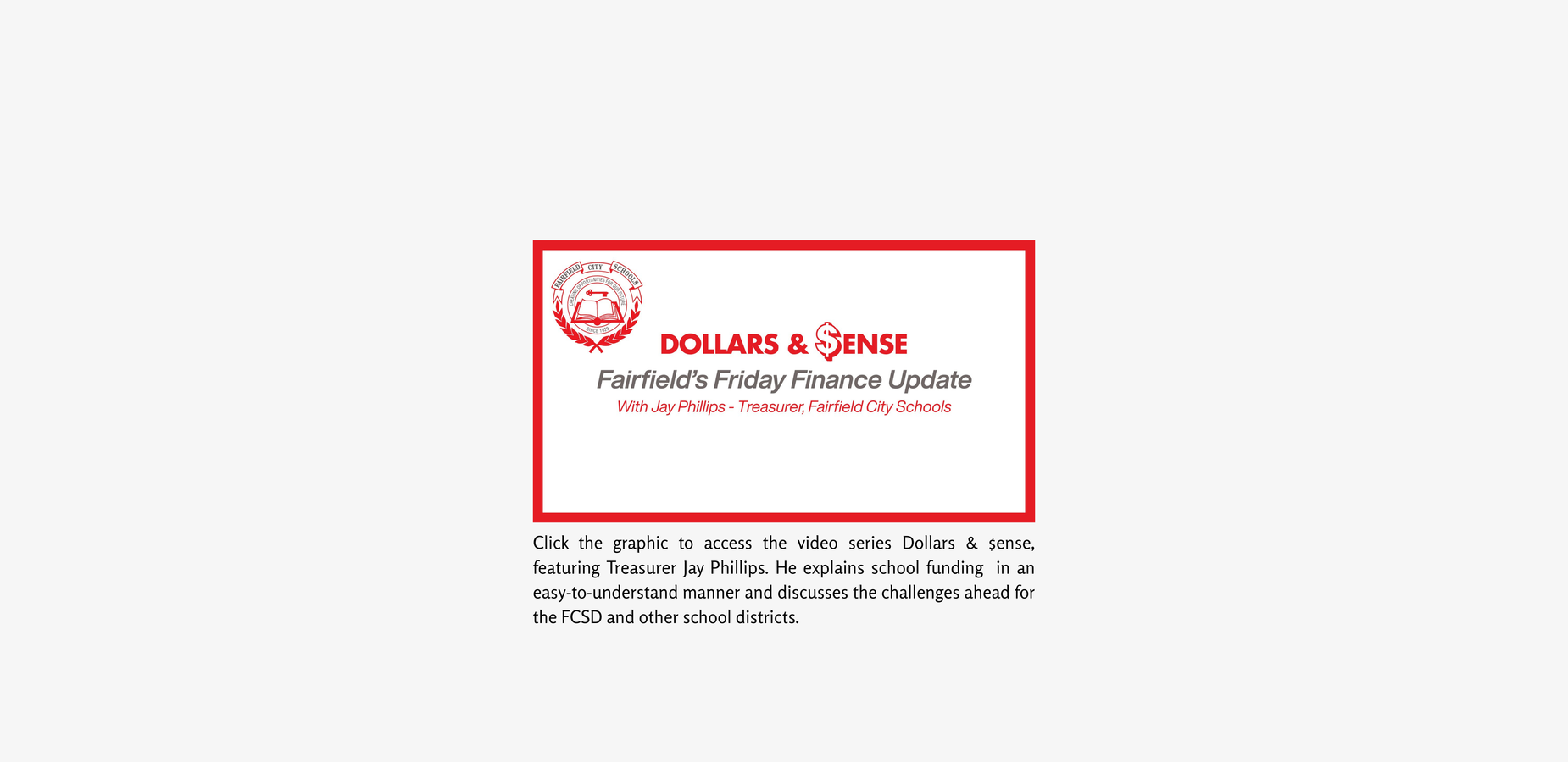 Text graphic promoting a finance update featuring a school treasurer.