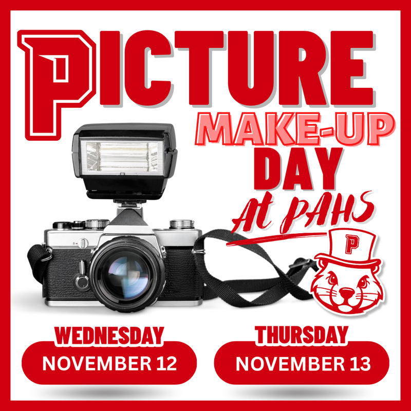 Red and white design with a camera and text stating that PAHS Photo Makeup Days will be November 12 and November 13