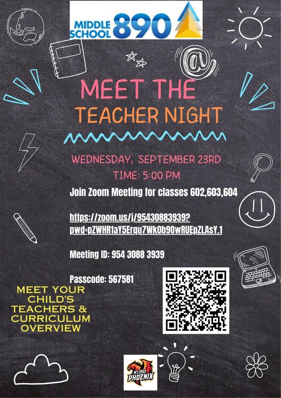 Event flyer for Meet the Teacher Night with Zoom meeting details and QR code.