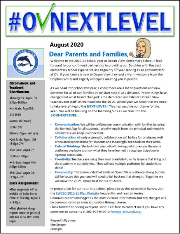Picture of a newsletter for Ocean View Elementary