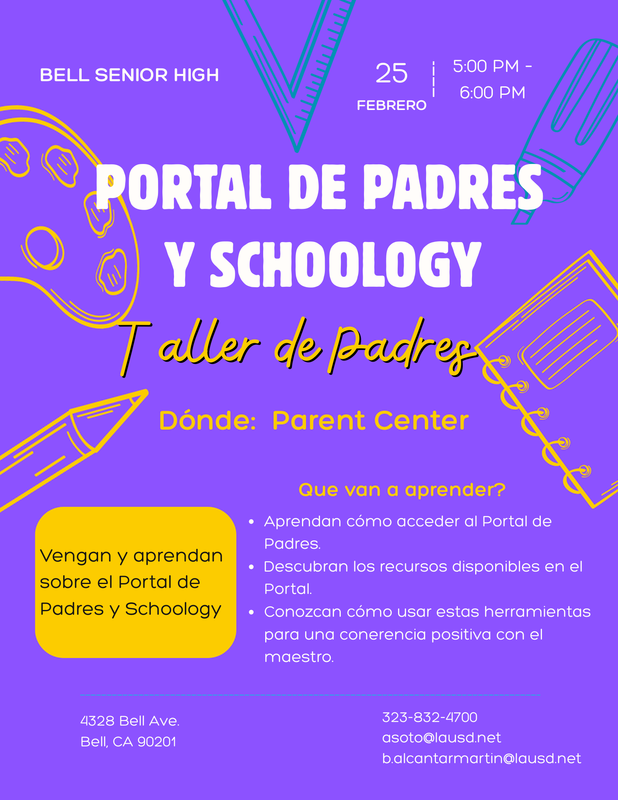 Taller de Padres: Portal para Padres y Schoology (2.25.2026 a las 9am & 5pm)