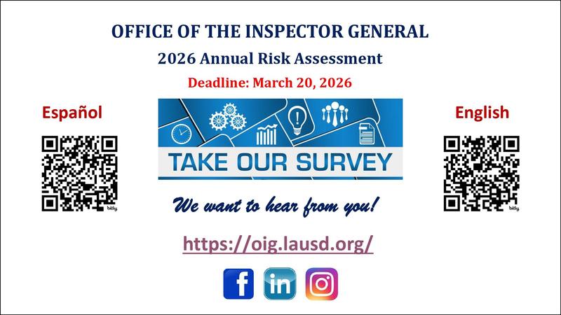 Link to the OIG Website and QR codes in English and Spanish to survey