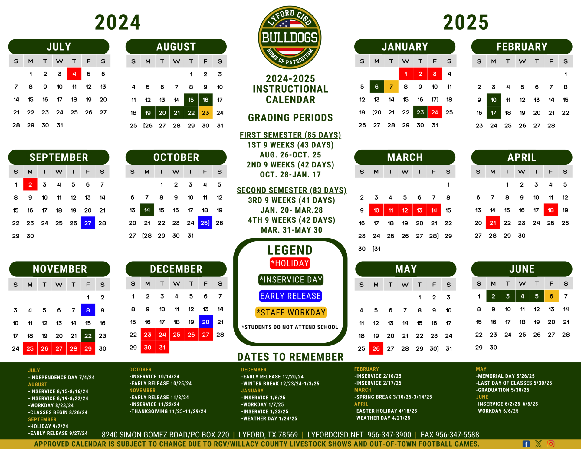 2024-2025 Lyford CISD Instructional Calendar – Calendars – Lyford CISD