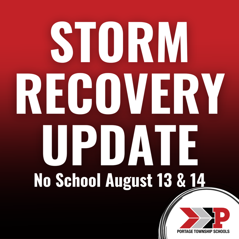 red and black graphic with Storm Recovery Update - No school august 13 & 14 in white text