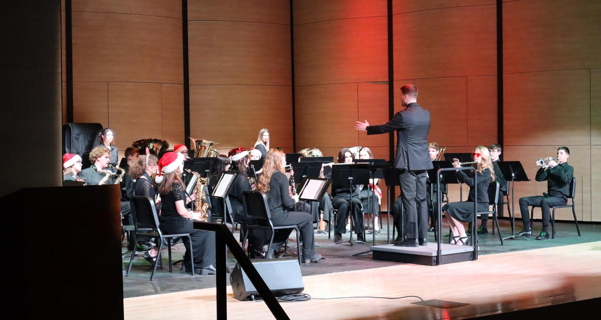 A festive band performing on stage during a concert.