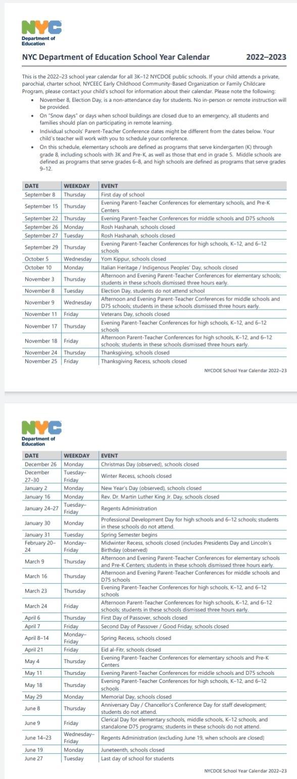 NYCDOE 2022-2023 Calendar | IS 238 Susan B Anthony Academy