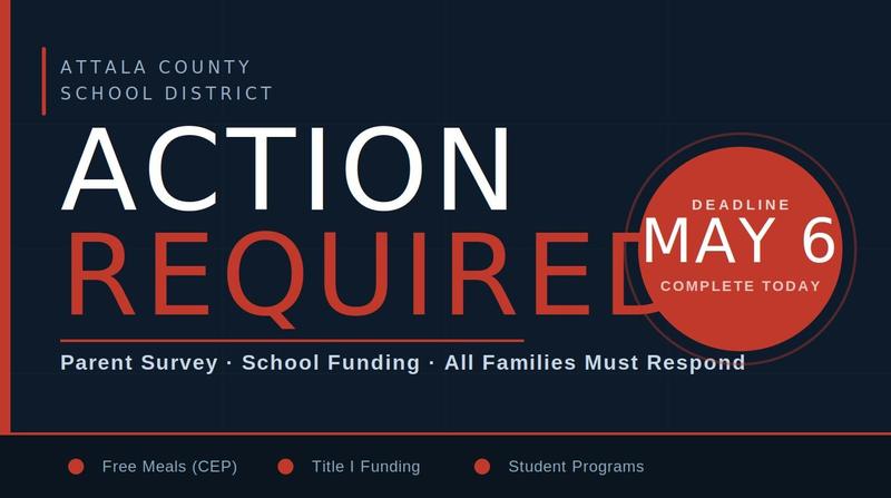 Action Required: Parent Survey for School Funding — Attala County School District. Bold white and red text on a dark navy background reads 