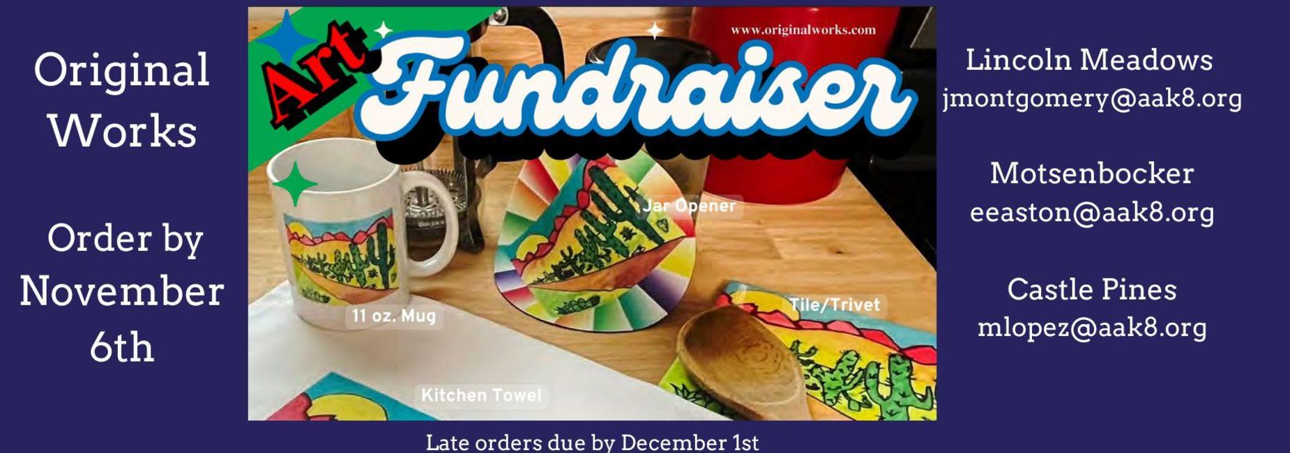 Colorful promotional banner for an art fundraiser featuring various artworks and details.