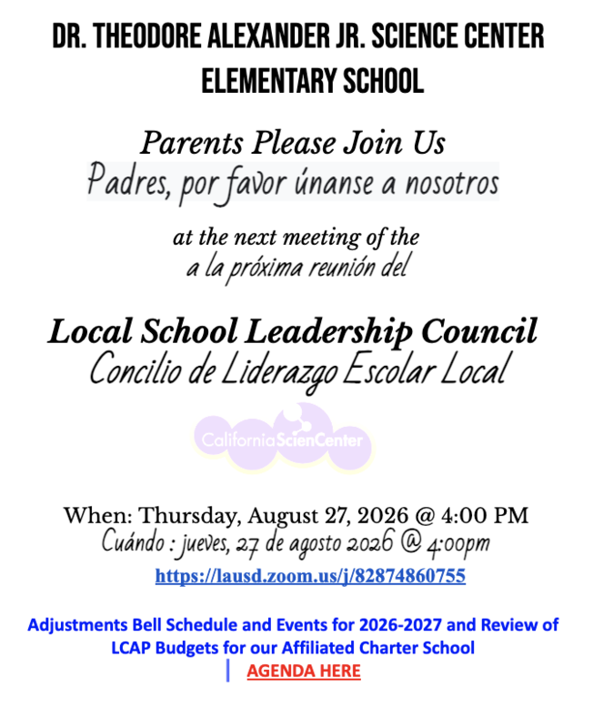 Zoom Link https://lausd.zoom.us/j/82874860755