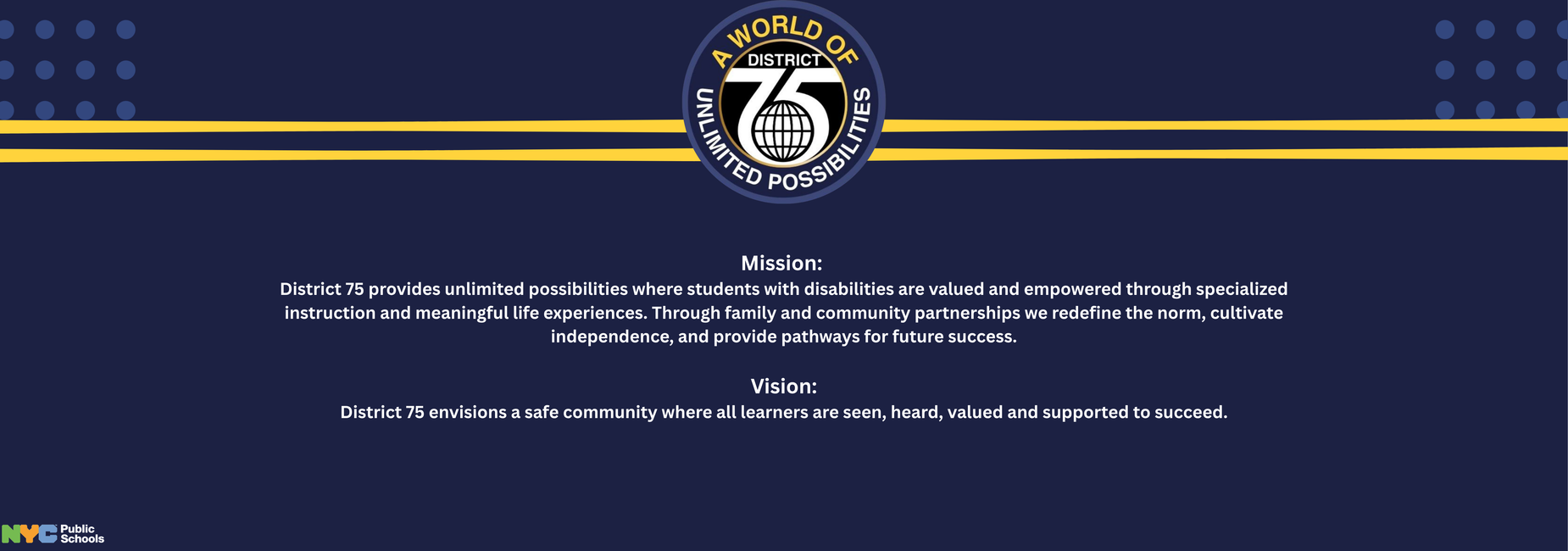 Text detailing District 75's mission and vision for supporting students with disabilities.