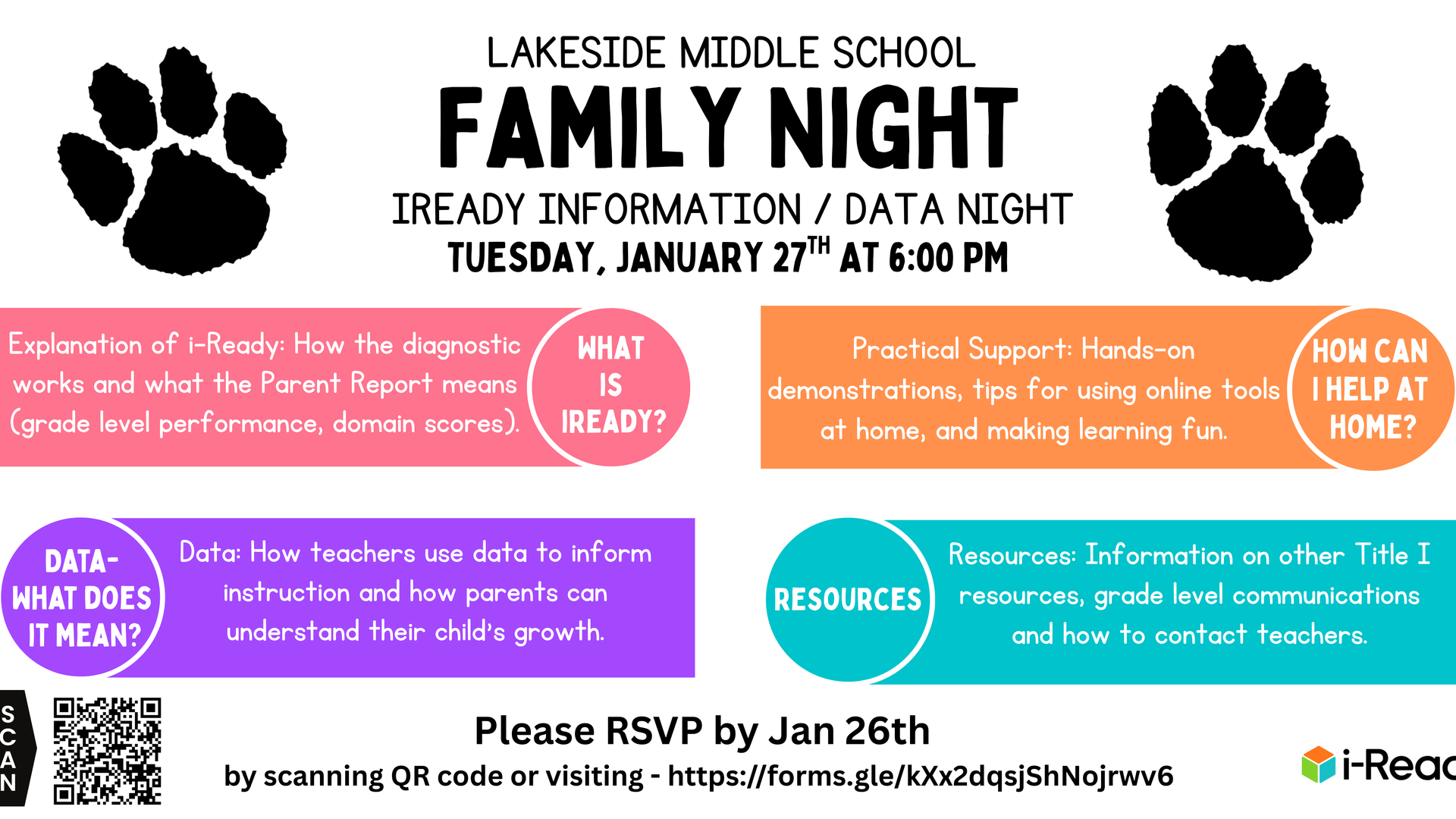Lakeside Middle School Family Night flyer with event details and topics covered.