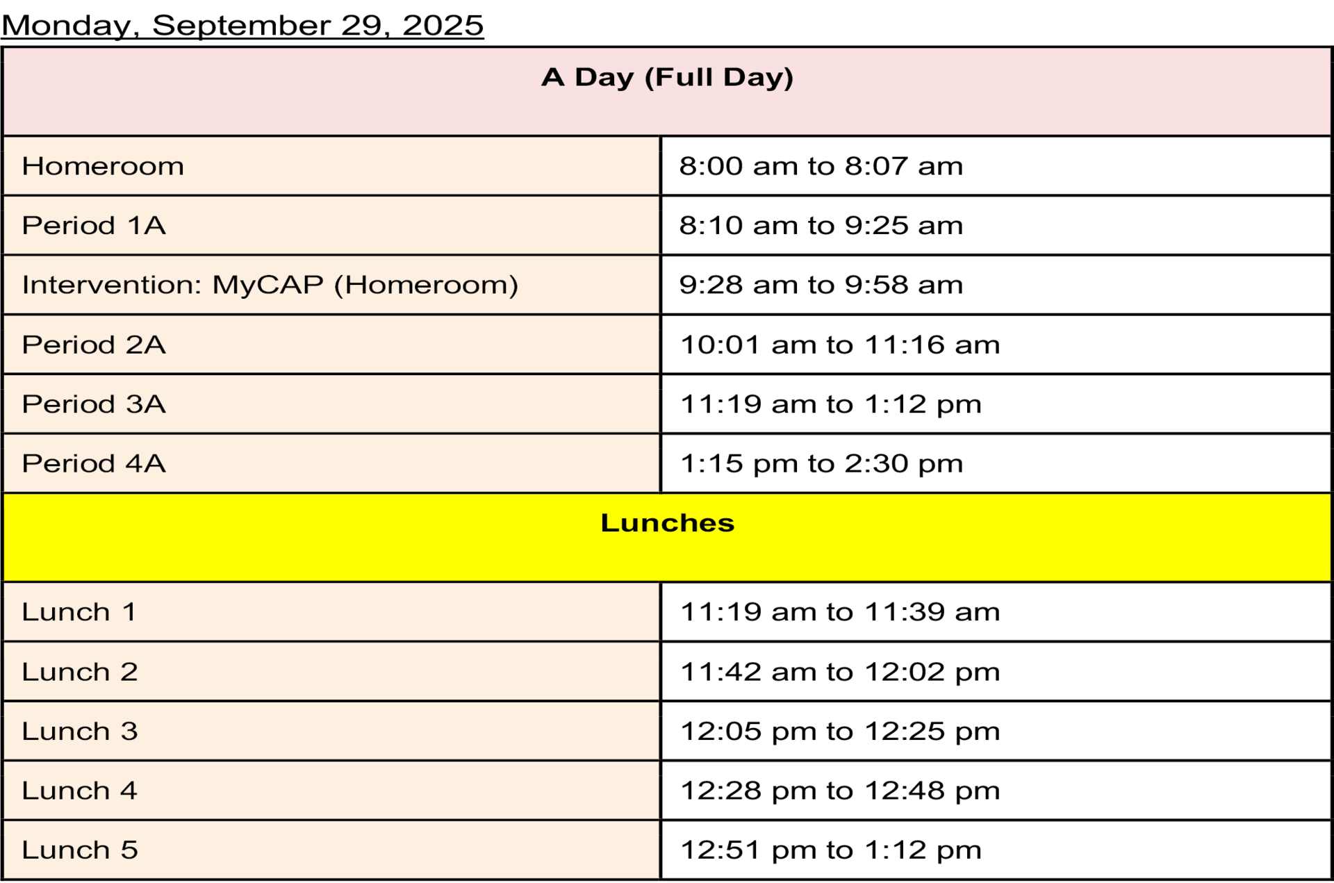 Schedule for A Day with periods and lunch breaks
