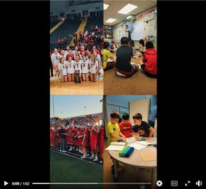 This is a thumbnail image from the video showing four photos - the football team, kids working on math, the volleyball team and